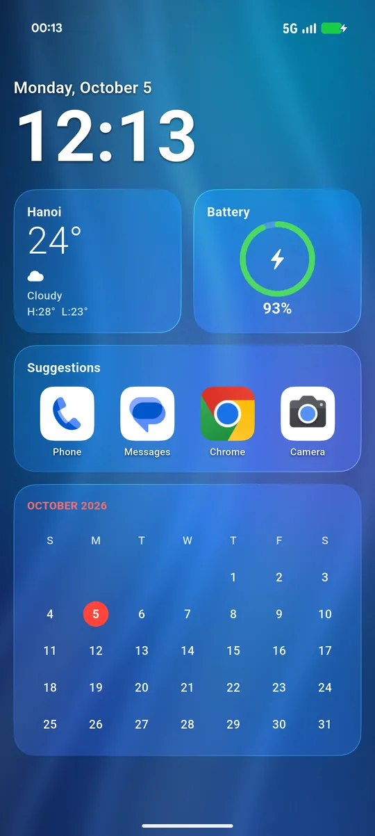 Today page with weather, battery and calendar widgets